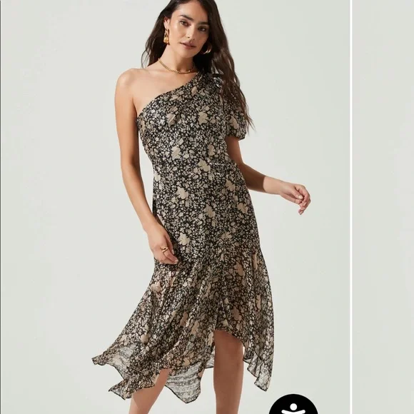 Astr The Label | Santorini Floral One Shoulder Midi Dress | Size S | Black Taupe Multi